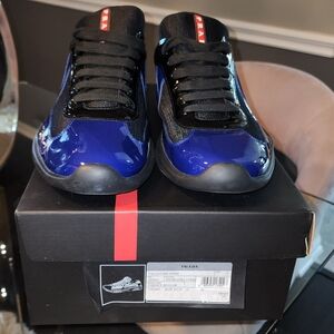 Prada Men's Glossy Black and Blue Sneakers